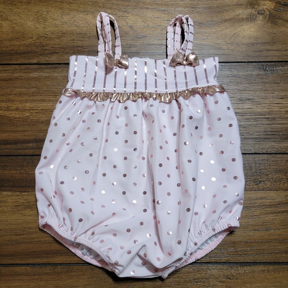 Kate Mack Infants 1 Pc Swimsuit Pink w/ Rose Gold Trim - Size 12 Mo